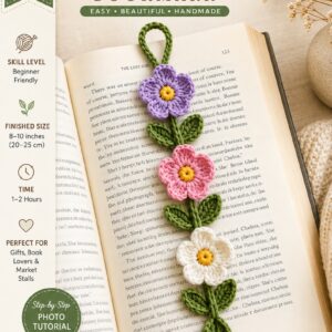 Crochet Flower Bookmark Pattern PDF, Easy Beginner Crochet Bookmark, Floral Vine Bookmark Tutorial, Instant Download Gift For Book Lovers