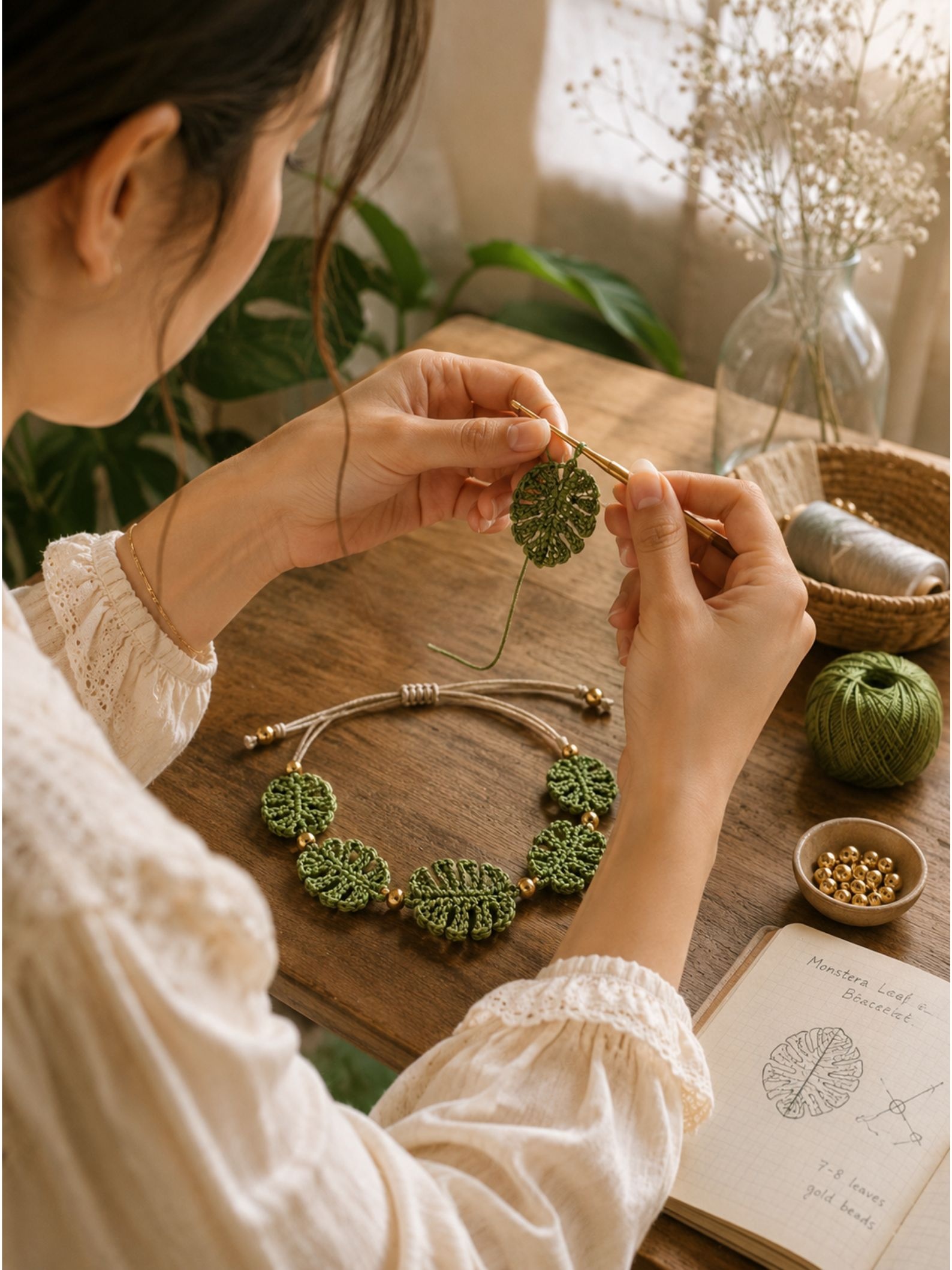 Crochet Leaf Bracelet Pattern PDF, Beginner Crochet Jewelry Tutorial, Adjustable Bracelet Pattern, Boho Leaf Accessory Download - Image 5