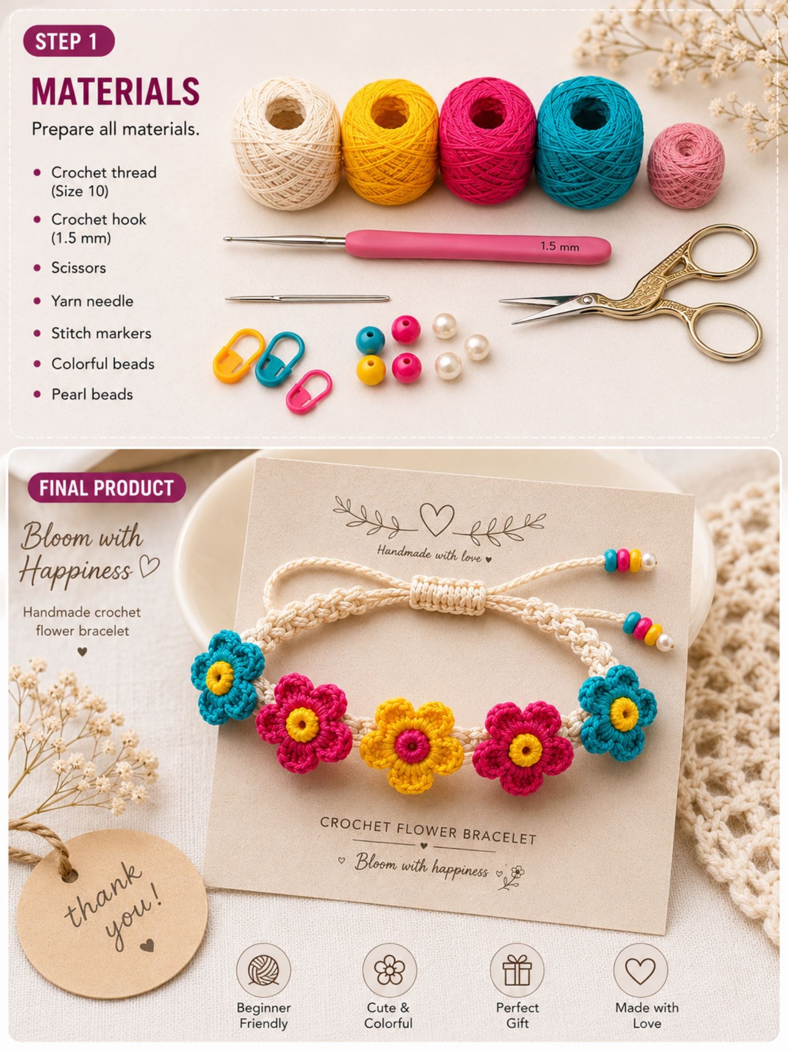 Crochet Flower Bracelet Pattern PDF, Easy Crochet Bracelet Tutorial, Floral Jewelry Pattern, Instant Download DIY Gift - Image 5