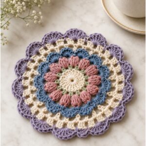 Handmade Crochet Flower Coaster, Floral Cotton Mug Rug