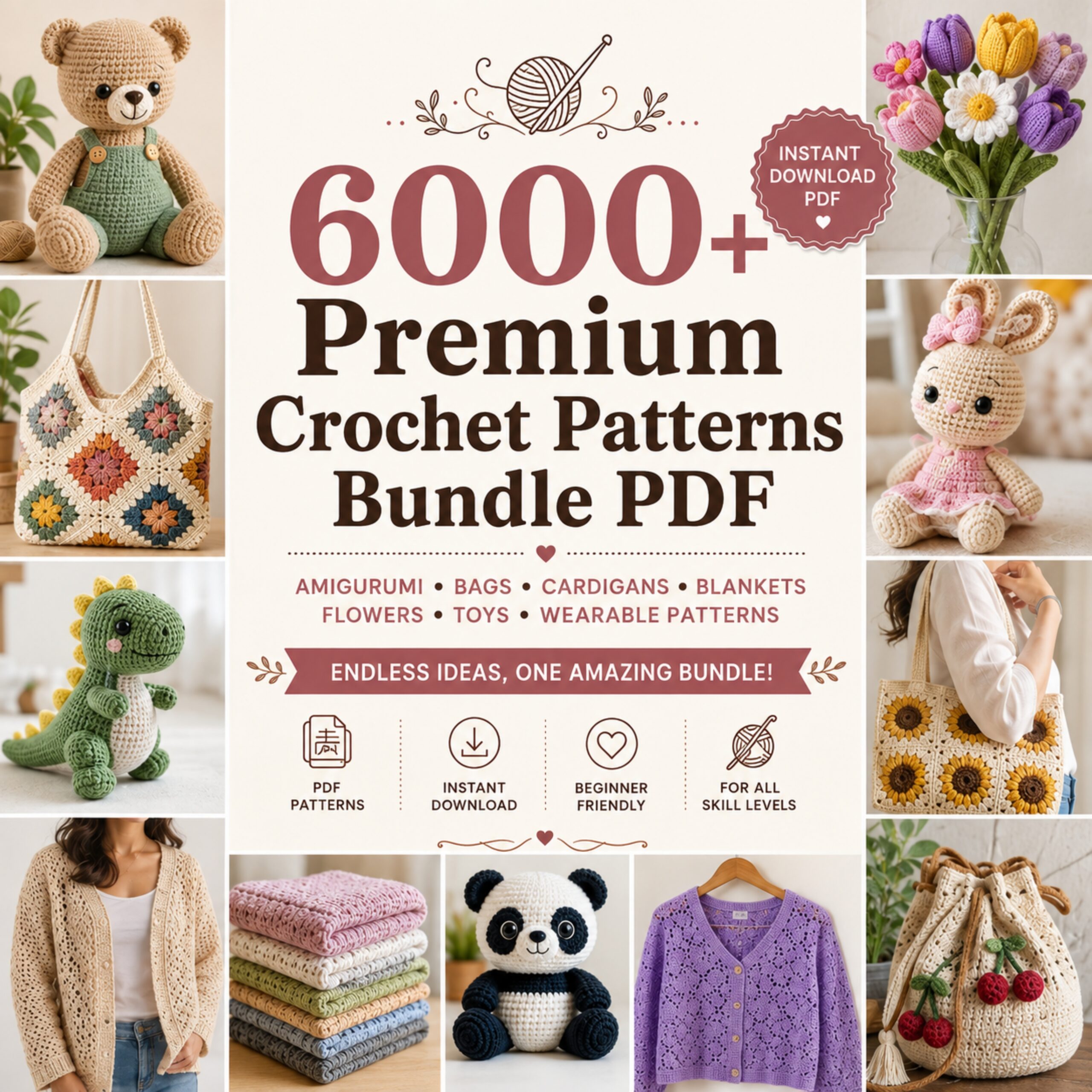 6000+ Crochet Patterns Bundle PDF – Amigurumi, Bags, Blankets, Toys & Wearables - Image 3