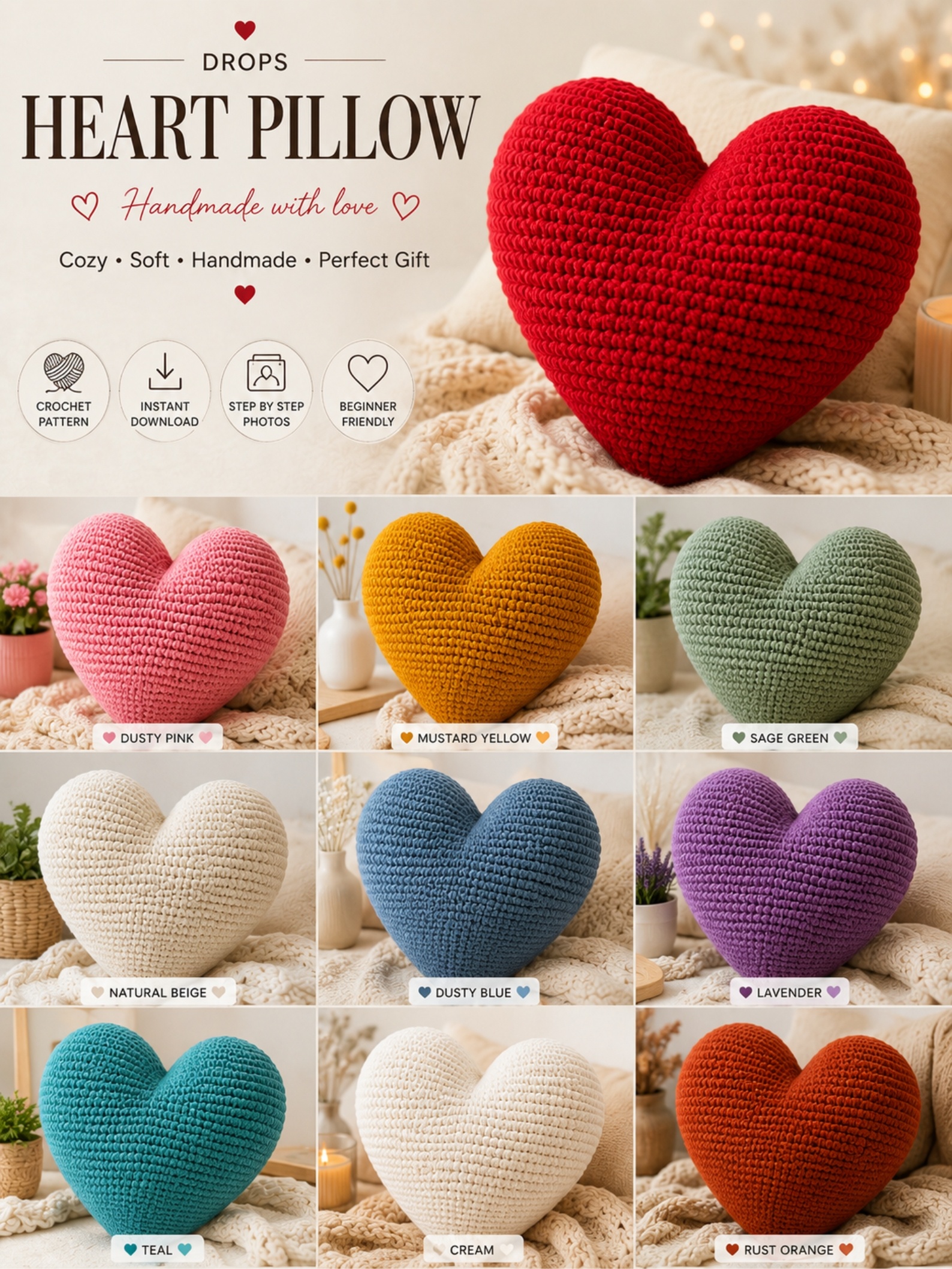 Heart Pillow Crochet Pattern PDF, Easy Crochet Cushion Pattern, Beginner Friendly, Valentine's Decor, Instant Download Tutorial - Image 6