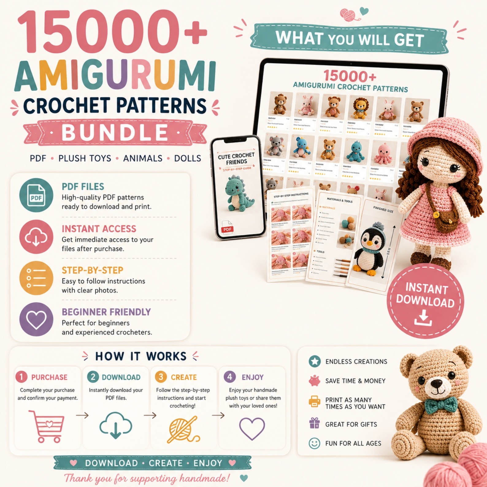 15,000+ Amigurumi Crochet Patterns Bundle – Animals, Dolls & Plush Toy PDF Patterns - Image 3