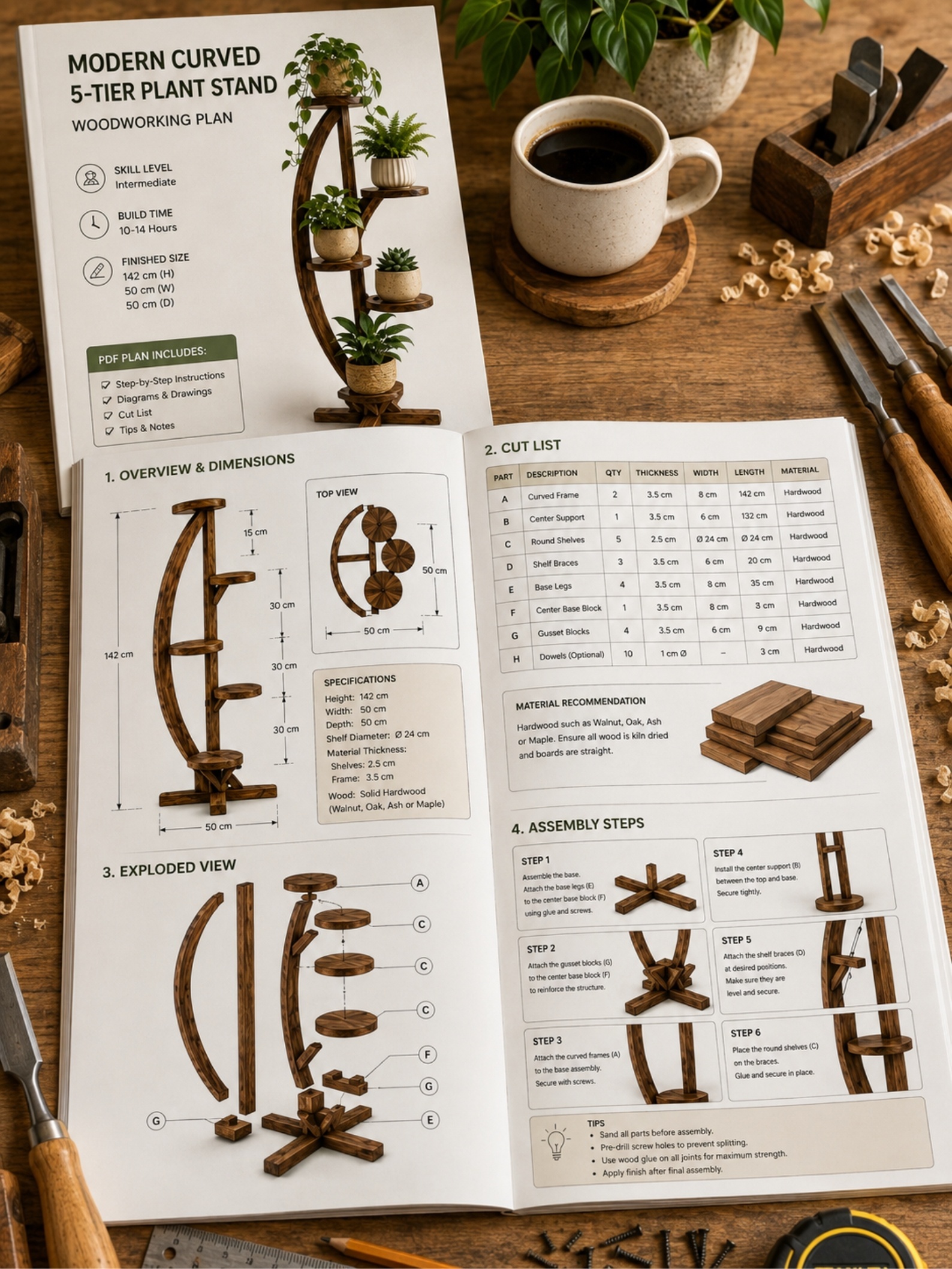 Wooden Plant Stand Plans PDF, DIY Curved 5 Tier Plant Shelf, Woodworking Plans, Indoor Plant Stand, Instant Digital Download - Image 7
